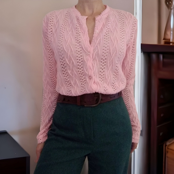 Vtg 60s Pink Knit Cardigan - Picture 2 of 5